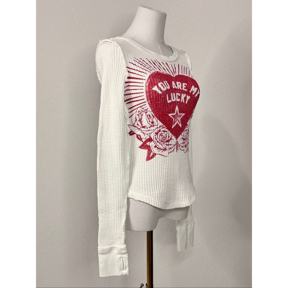 Free People Lucky Locket Thermal Tee Ivory Heart Graphic Thumbhole Small - Picture 15 of 16
